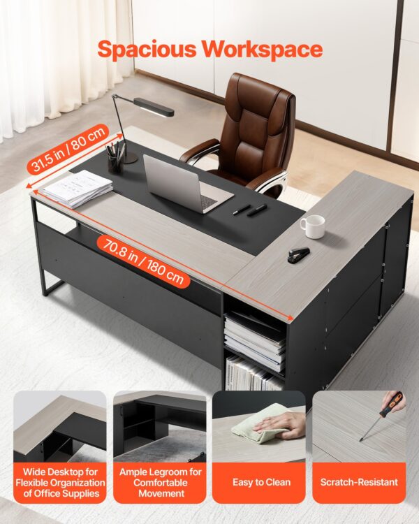 L-Shaped Executive Desk, Large Modern Office Table With Drawers & Storage Cabinet, Heavy Duty Wooden Executive Table With CPU Stand, 350 LBS Load Capacity, Easy Assembly, For Work Study Writing